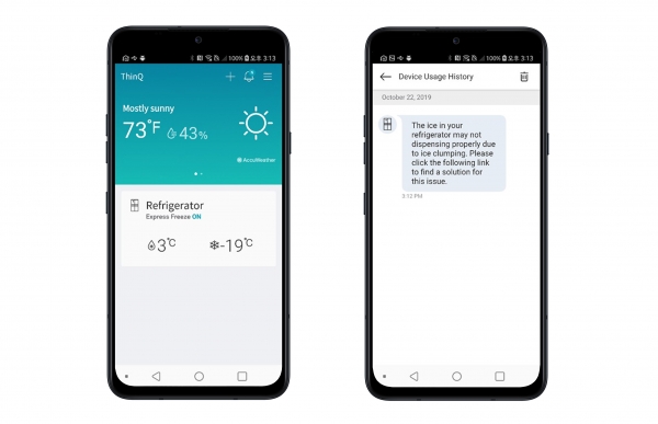 LG전자가 미국에 본격 런칭할 프로액티브 서비스가 LG 씽큐 앱에 등록된 냉장고의 작동상태를 분석해 얼음 디스펜서에 생길 수 있는 고장 가능성을 사전에 감지하고 최적의 상태를 유지할 수 있는 관리방법을 알려주고 있다. (사진=LG전자 제공)