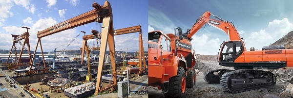 현대중공업 도크작업장(왼쪽), 두산인프라코어의 50톤급 굴삭기 모델 'DX520LCA' (사진=뉴시스 및 두산인프라코어)
