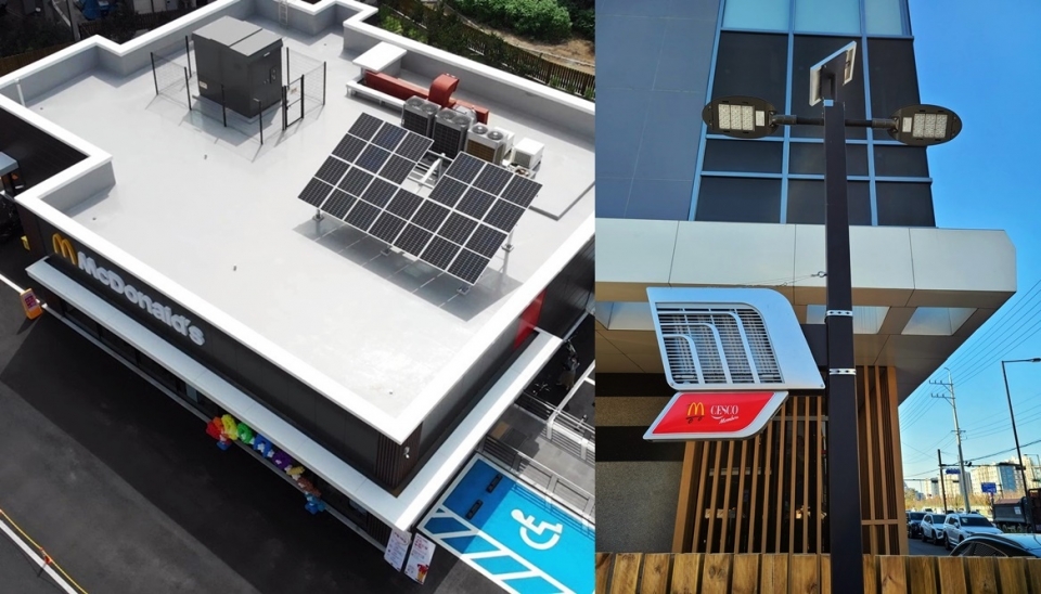 태양열 집열판이 설치된 옥상(사진=맥도날드 제공)과 주차장에 설치된 태양열 에너지로 작동되는 가로등 (사진=이해선 기자)