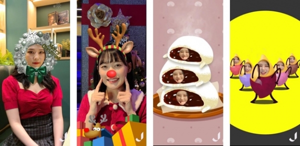 ‘점프 AR 크리스마스 콘텐츠’를 이용한 셀피 : (좌측부터) 크리스마스 장식, 루돌프, 호빵, 고구마 (사진=SK텔레콤 제공)