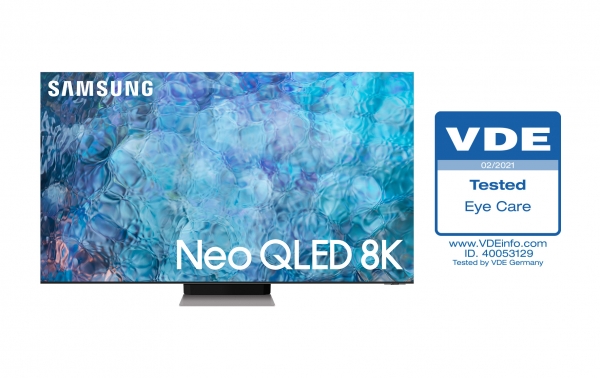 Neo QLED TV 제품 이미지와 '아이 케어' 인증 로고 (사진=삼성전자 제공)