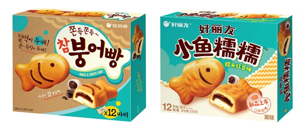 한국과 중국에서 판매되고 있는 '참붕어빵' 제품 이미지 (사진=오리온 제공)