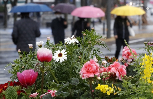 절기상 '춘분'이자 봄비가 내리는 20일 서울시청 인근에서 시민들이 우산을 쓰고 발걸음을 옮기고 있다.(사진=뉴시스)