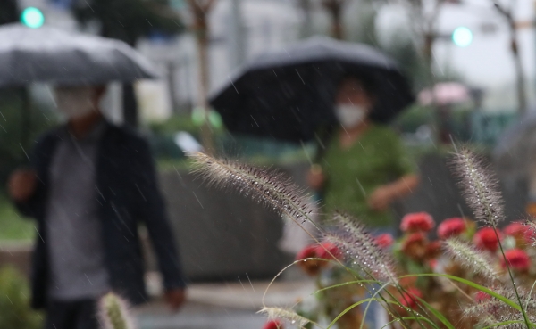 비가 내리고 있는 29일 오전 서울 종로구 광화문역 인근에서 직장인들이 우산을 쓰고 출근하고 있다. (사진=뉴시스)