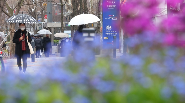 30일 오후 비가 내린 서울 종로구 세종대로의 한 화단 뒤로 우산을 쓴 시민이 길을 지나고 있다. (사진=연합뉴스)