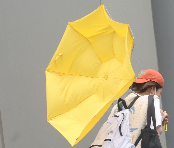 서울·인천·경기 지역에 호우주의보가 내려진 23일 오후 서울 여의도에서 한 시민이 강풍을 견디고 있다.(사진=연합뉴스)