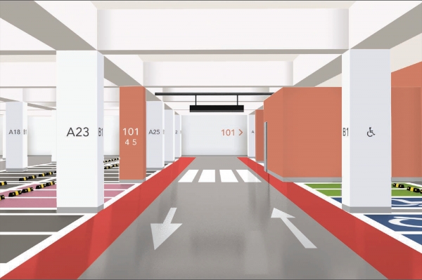 컬러 유니버설 디자인을 적용한 지하주차장 예시 (사진=코오롱글로벌)